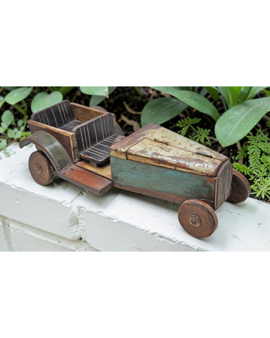 Vintage Wooden Car Shaped Toy Storage Box Original Old Hand Crafted