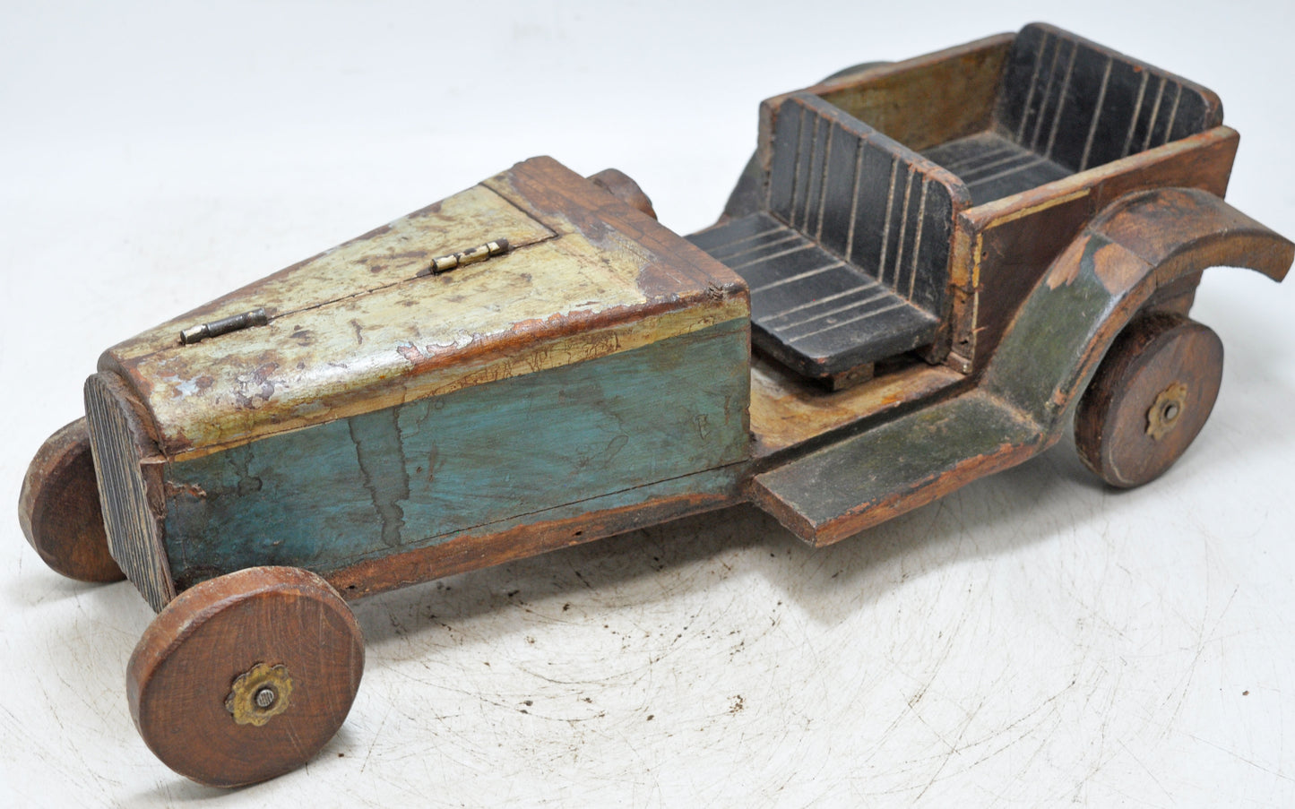 Vintage Wooden Car Shaped Toy Storage Box Original Old Hand Crafted