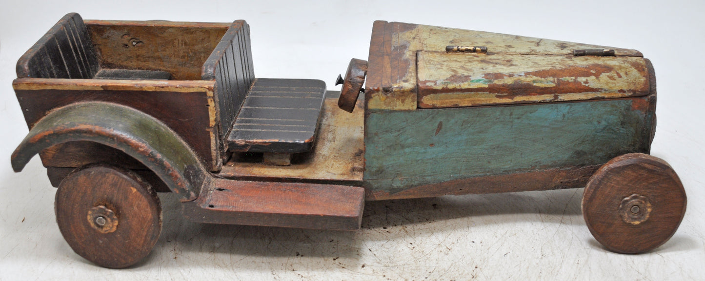 Vintage Wooden Car Shaped Toy Storage Box Original Old Hand Crafted