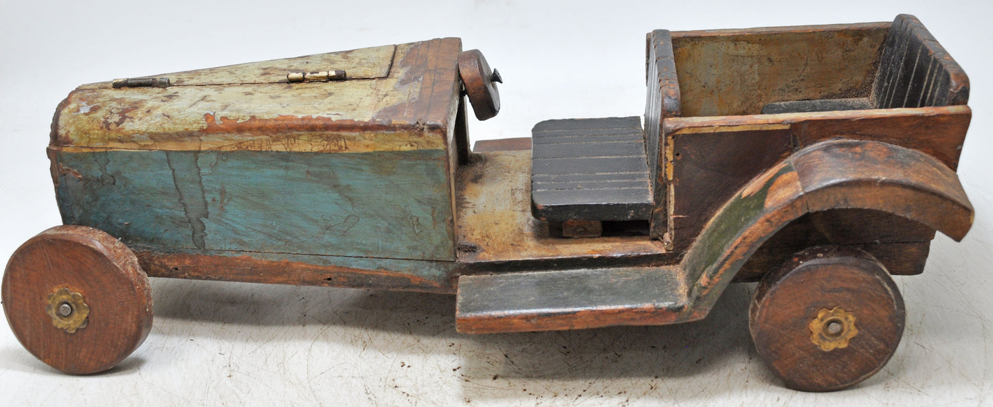 Vintage Wooden Car Shaped Toy Storage Box Original Old Hand Crafted