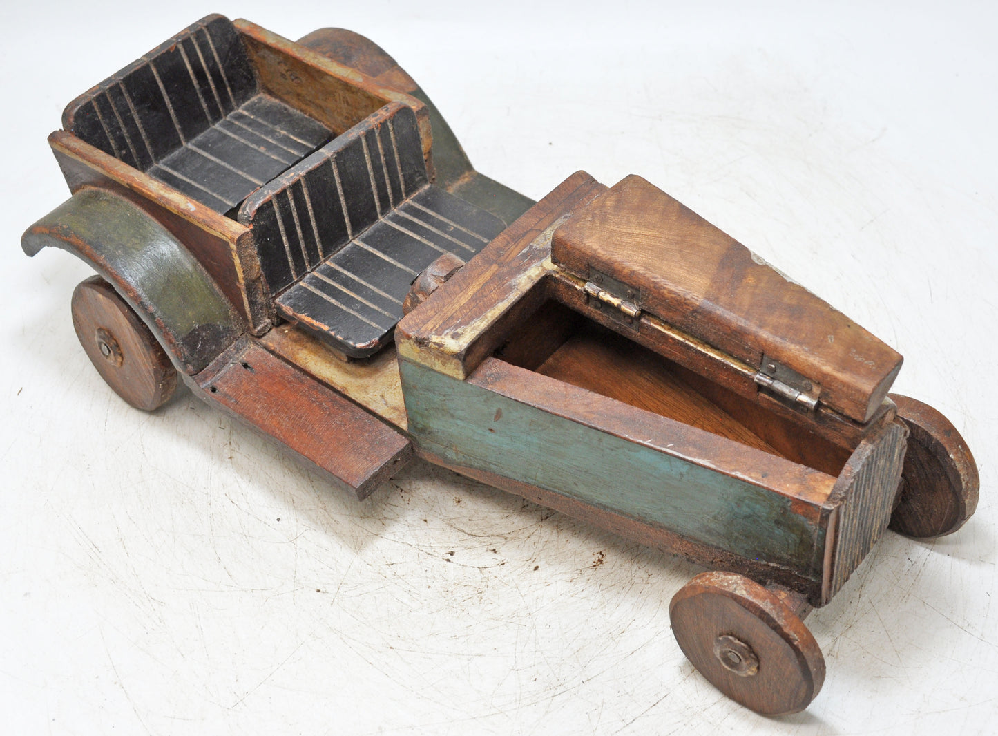 Vintage Wooden Car Shaped Toy Storage Box Original Old Hand Crafted