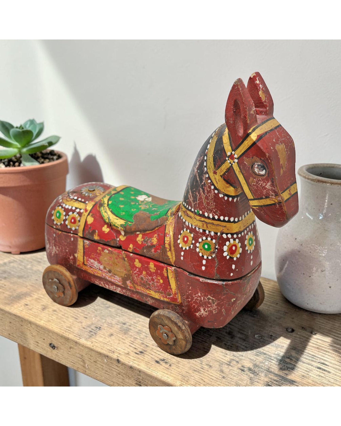 Hand Carved Wooden Horse on Wheels Figurine Spice Box Rustic Painted