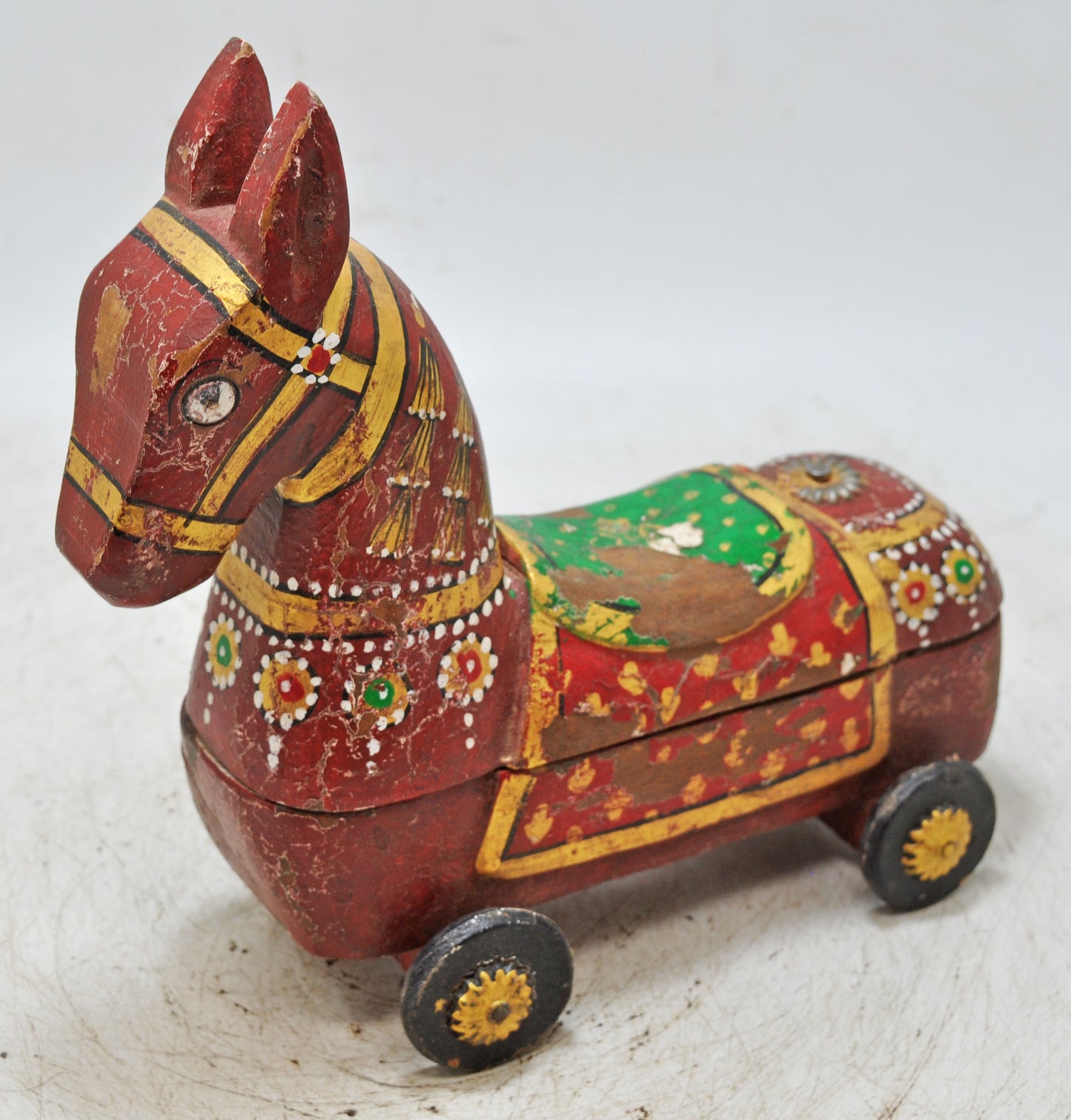 Hand Carved Wooden Horse on Wheels Figurine Spice Box Rustic Painted