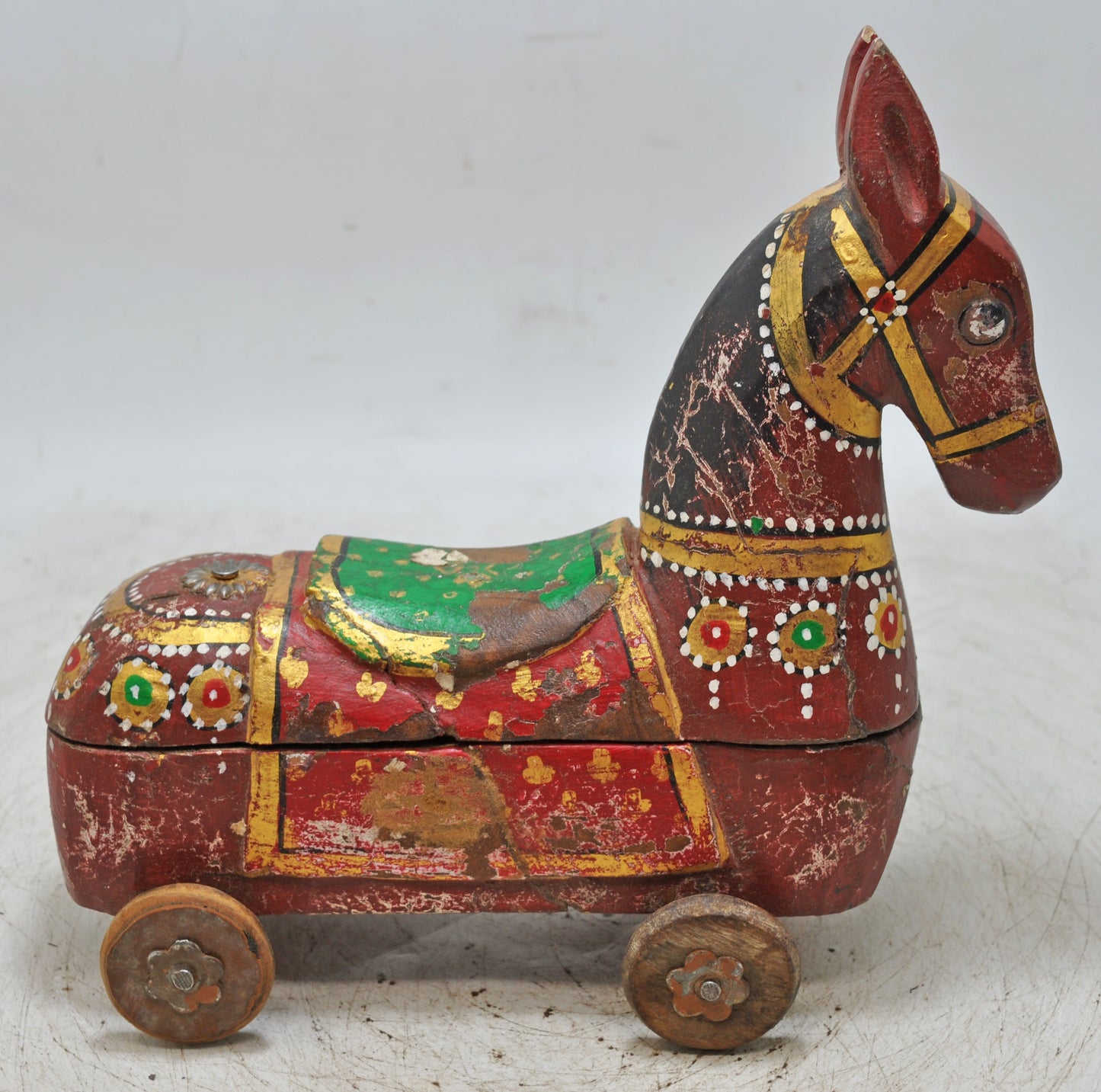 Hand Carved Wooden Horse on Wheels Figurine Spice Box Rustic Painted