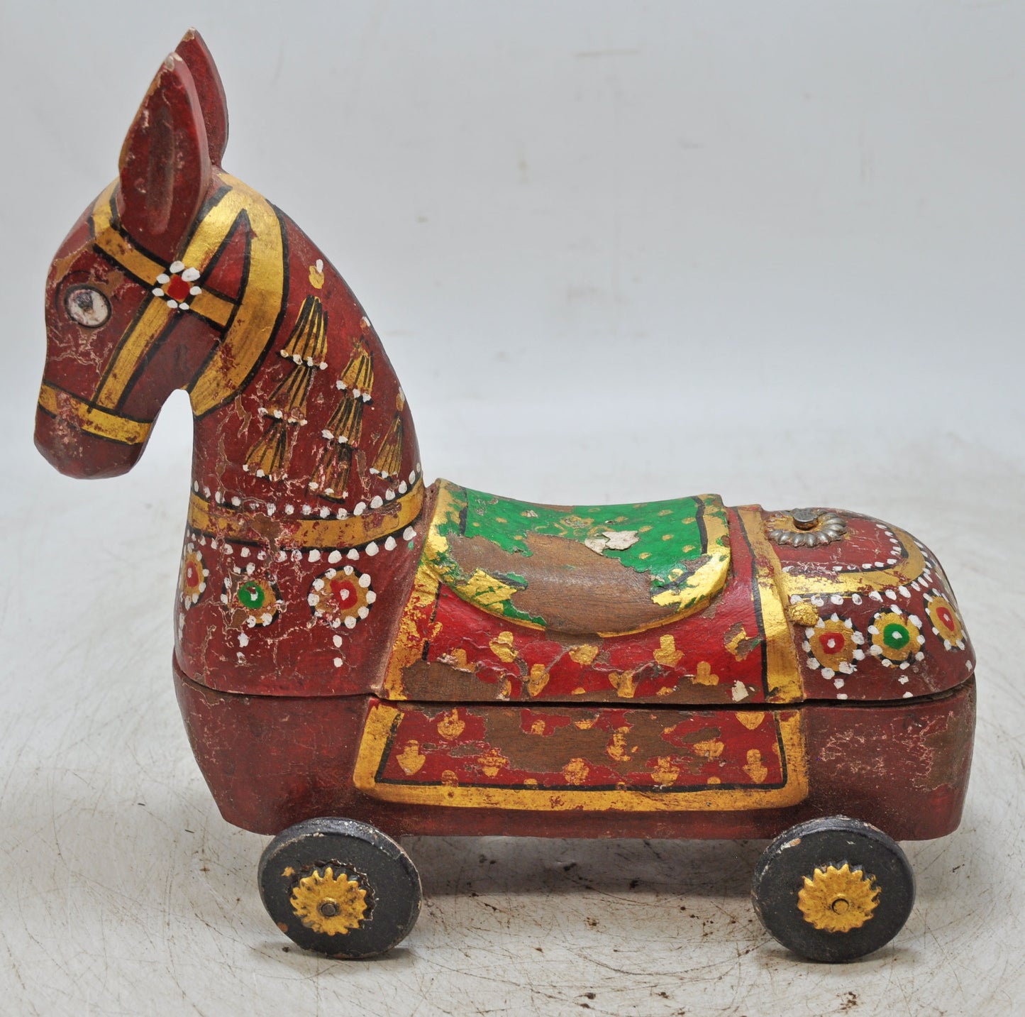 Hand Carved Wooden Horse on Wheels Figurine Spice Box Rustic Painted