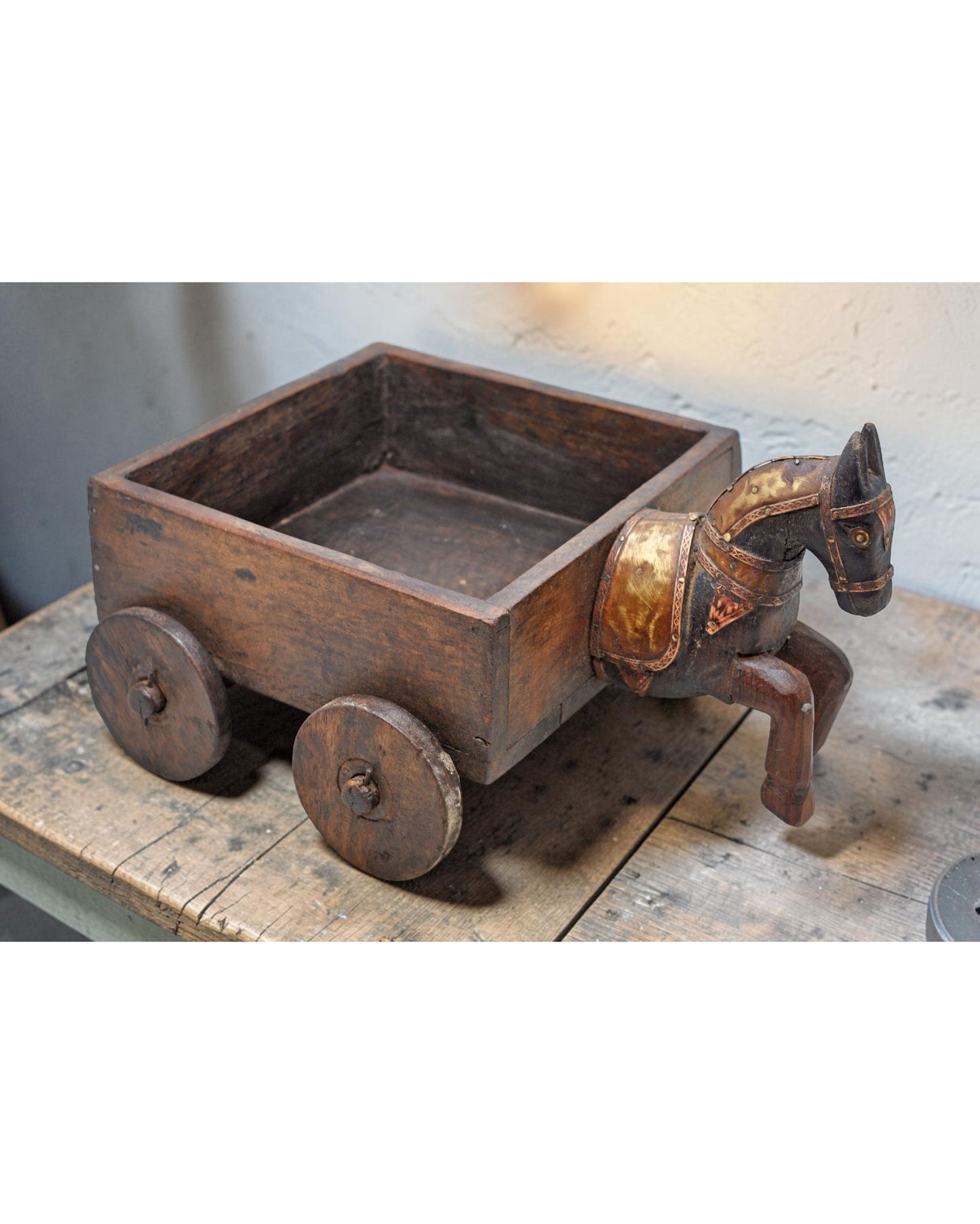 Vintage Wooden Horse Cart on Wheels Bowl Original Old Hand Crafted