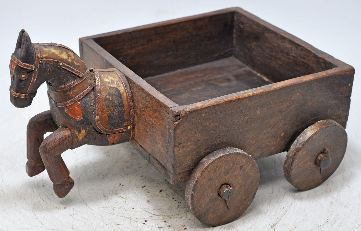 Vintage Wooden Horse Cart on Wheels Bowl Original Old Hand Crafted