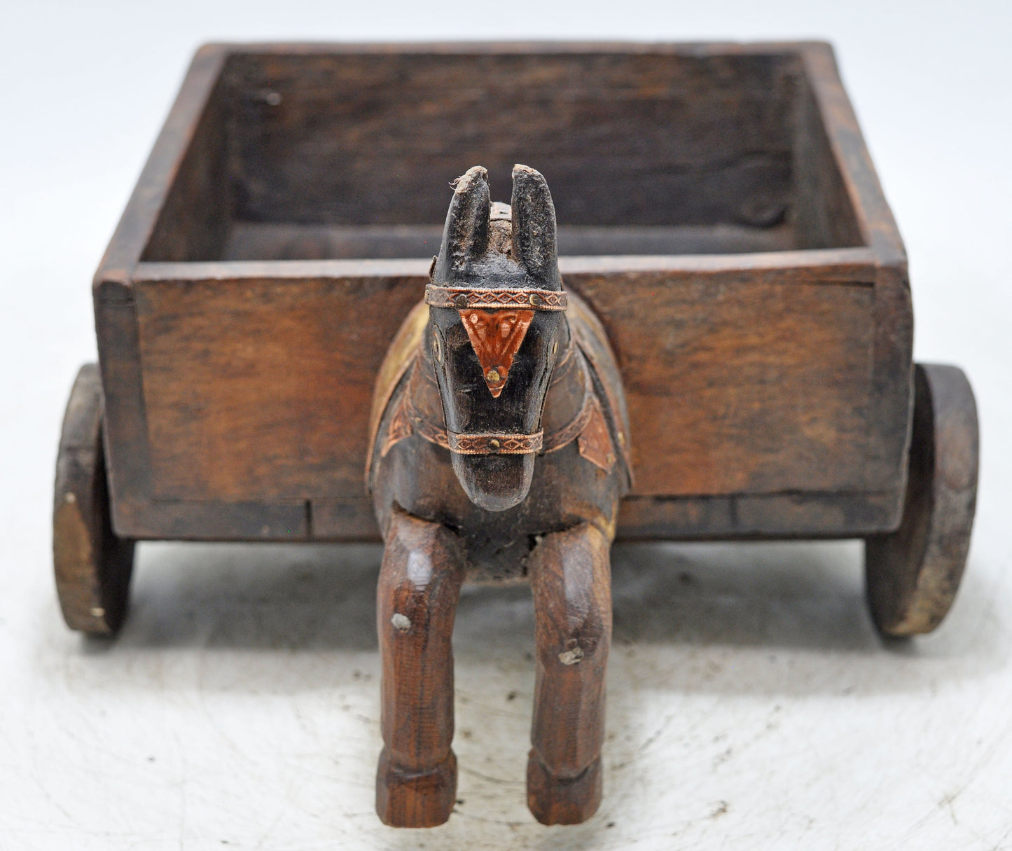 Vintage Wooden Horse Cart on Wheels Bowl Original Old Hand Crafted