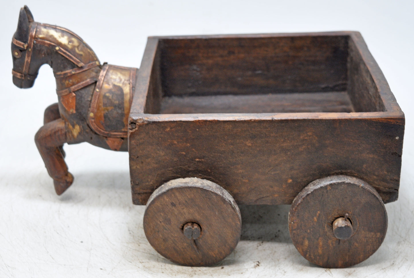Vintage Wooden Horse Cart on Wheels Bowl Original Old Hand Crafted