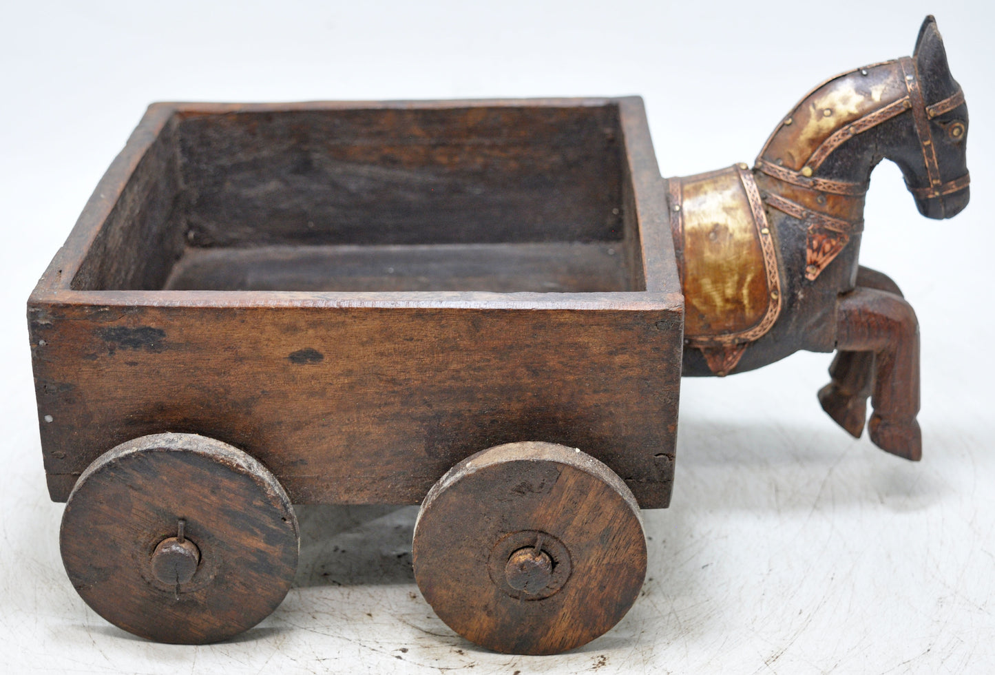 Vintage Wooden Horse Cart on Wheels Bowl Original Old Hand Crafted