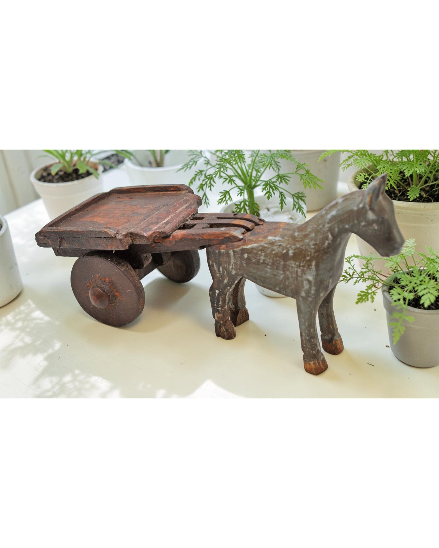 Vintage Wooden Horse Cart Figurine Original Old Hand Carved