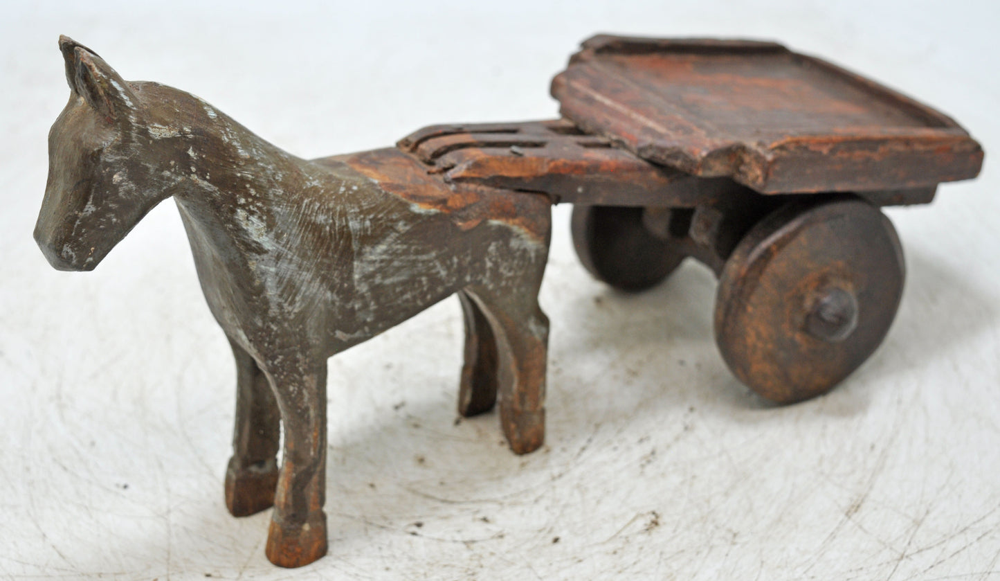 Vintage Wooden Horse Cart Figurine Original Old Hand Carved
