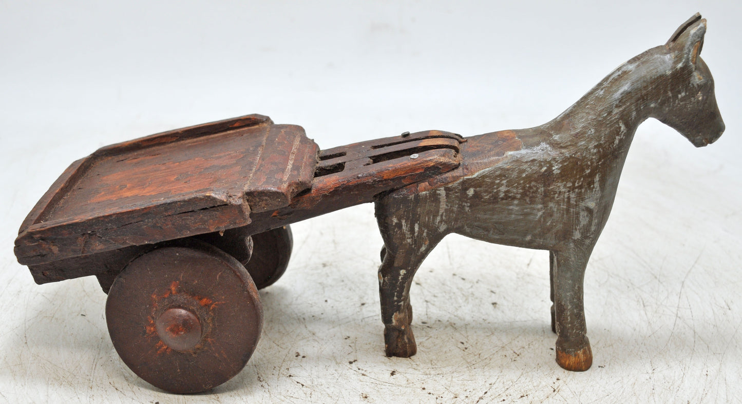 Vintage Wooden Horse Cart Figurine Original Old Hand Carved