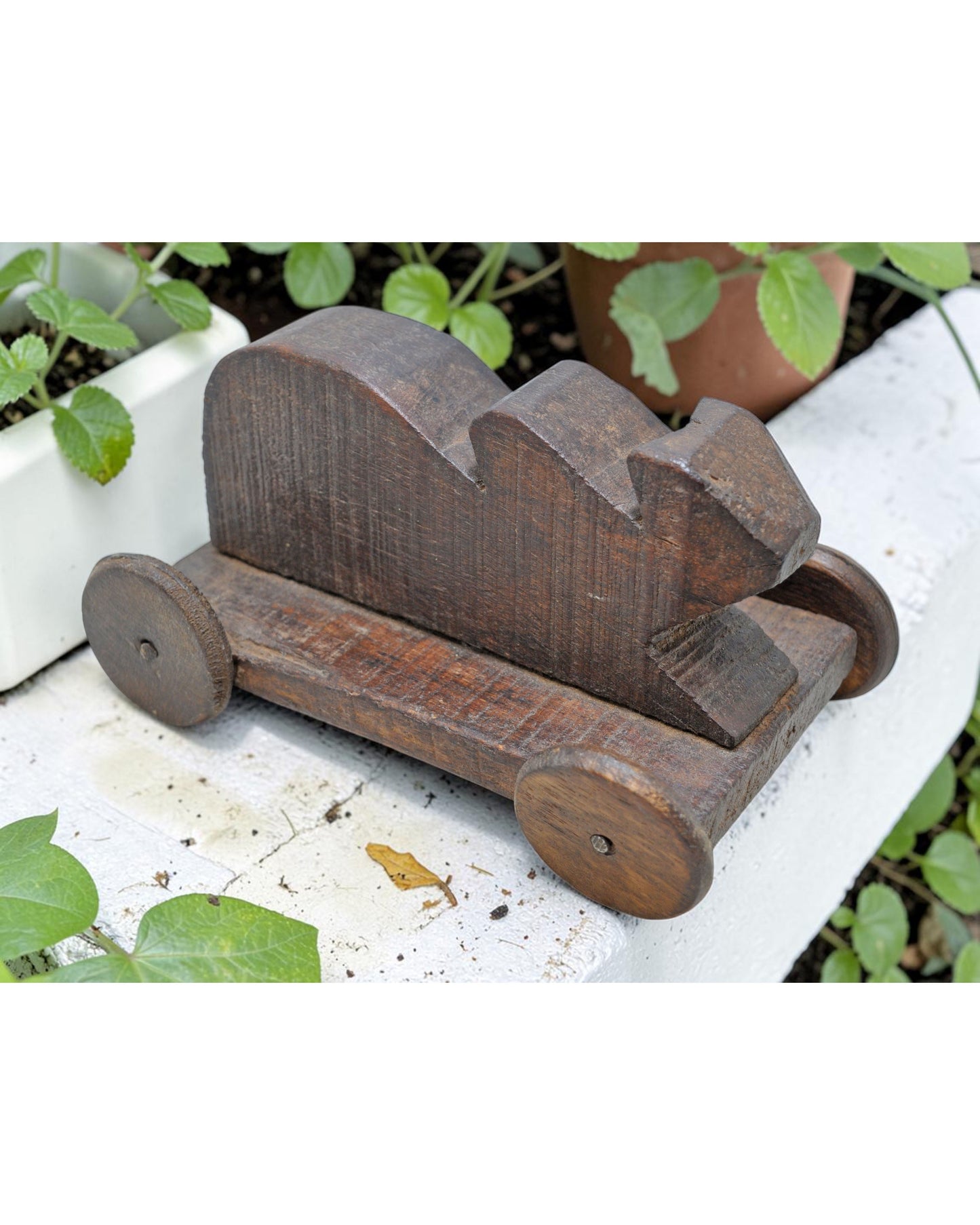 Antique Wooden Cow on Wheels Figurine Original Old Hand Carved