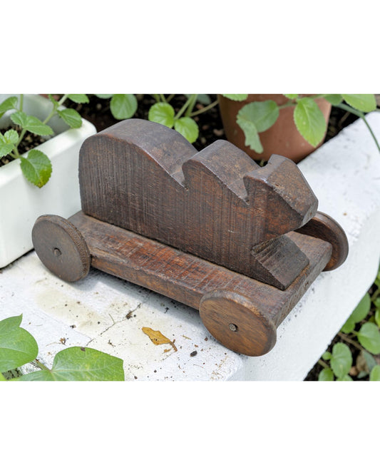 Antique Wooden Cow on Wheels Figurine Original Old Hand Carved
