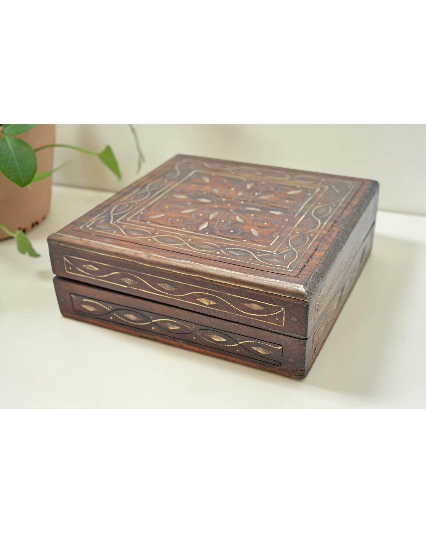 Vintage Wooden Square Small Storage Box Original Old Fine Brass Inlay Fitted
