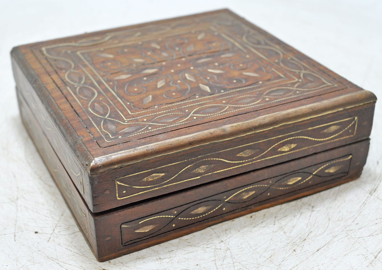 Vintage Wooden Square Small Storage Box Original Old Fine Brass Inlay Fitted