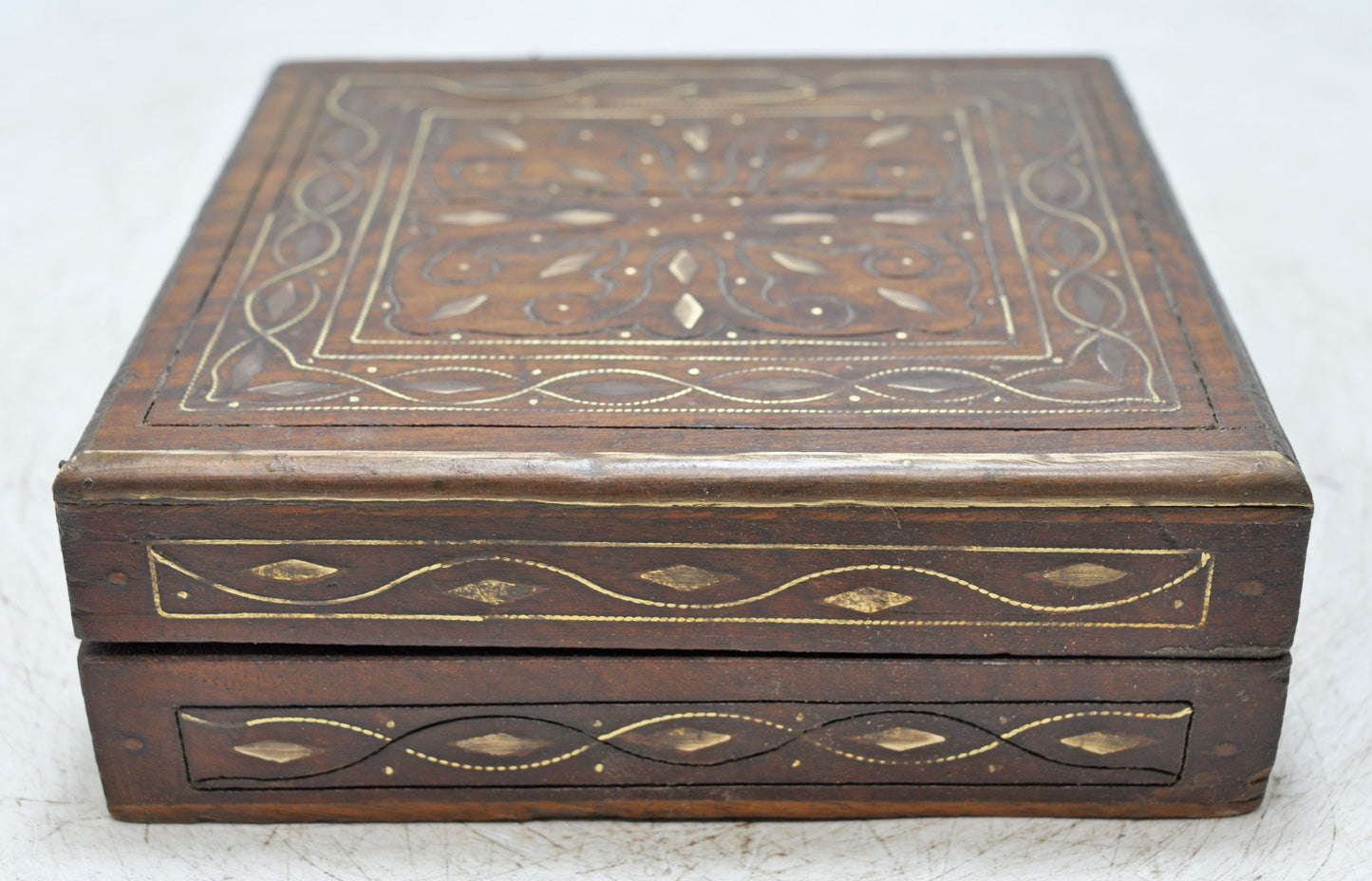 Vintage Wooden Square Small Storage Box Original Old Fine Brass Inlay Fitted