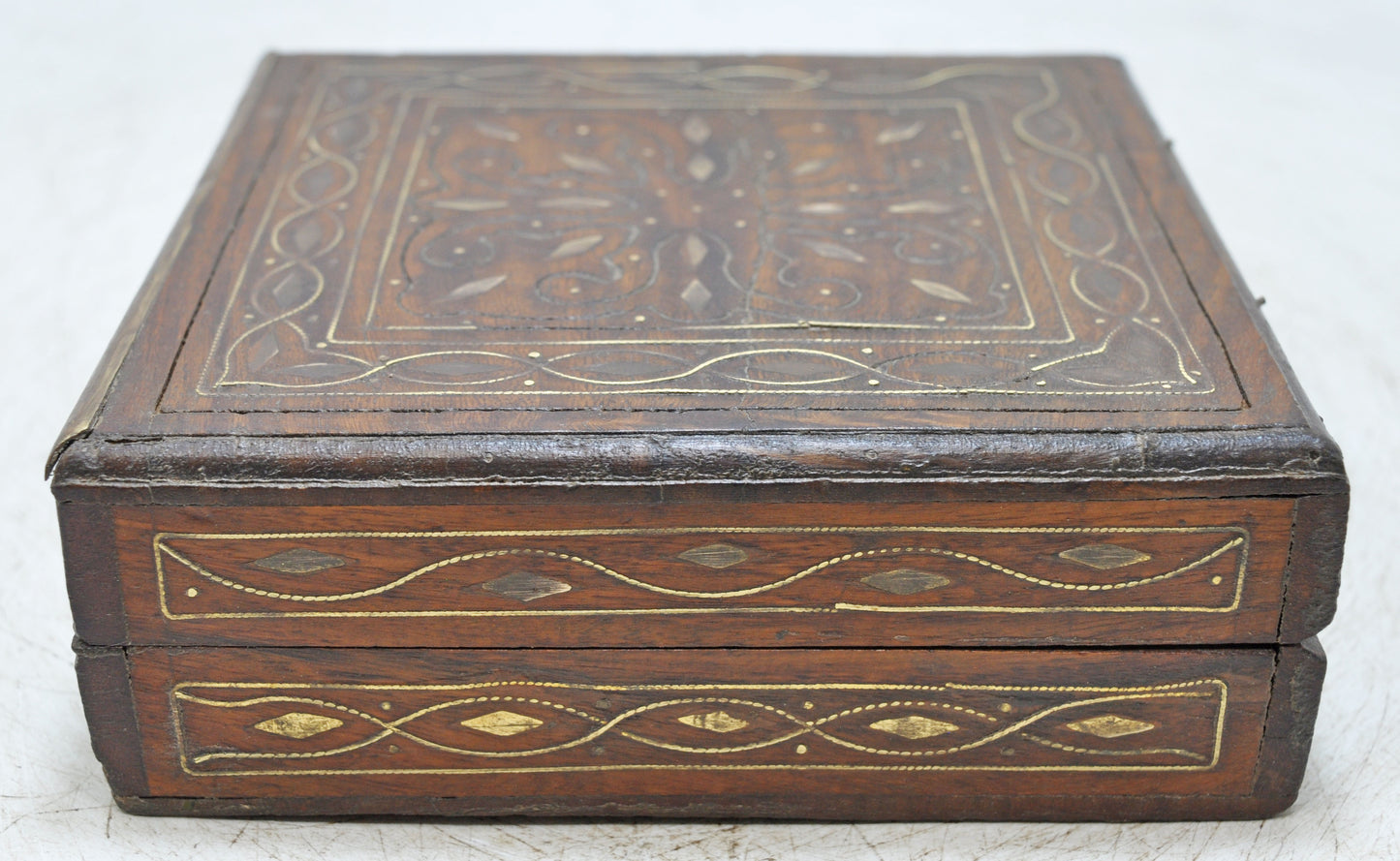 Vintage Wooden Square Small Storage Box Original Old Fine Brass Inlay Fitted