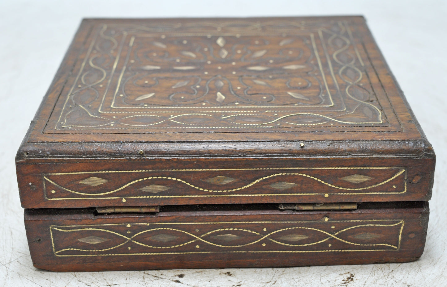 Vintage Wooden Square Small Storage Box Original Old Fine Brass Inlay Fitted