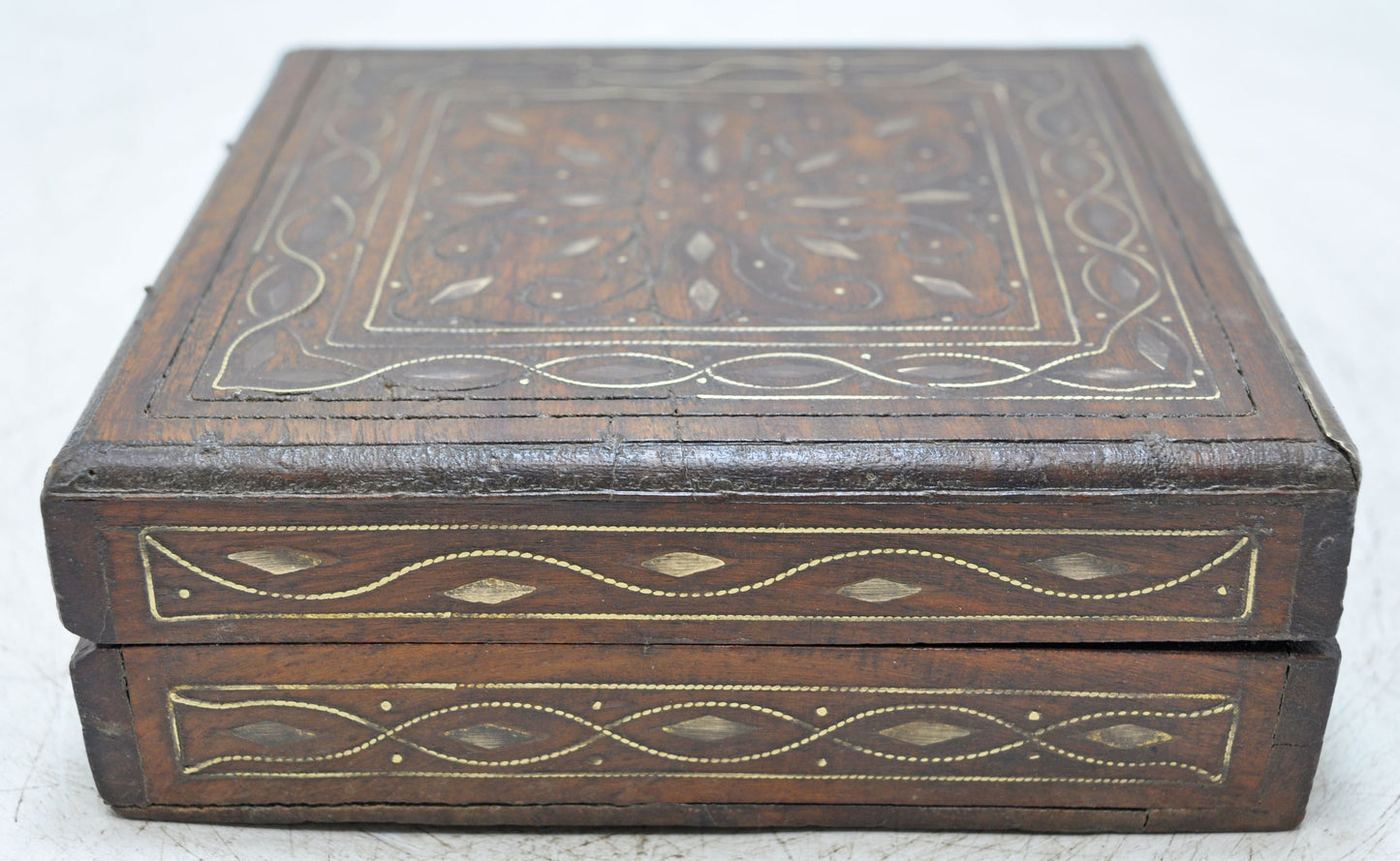 Vintage Wooden Square Small Storage Box Original Old Fine Brass Inlay Fitted