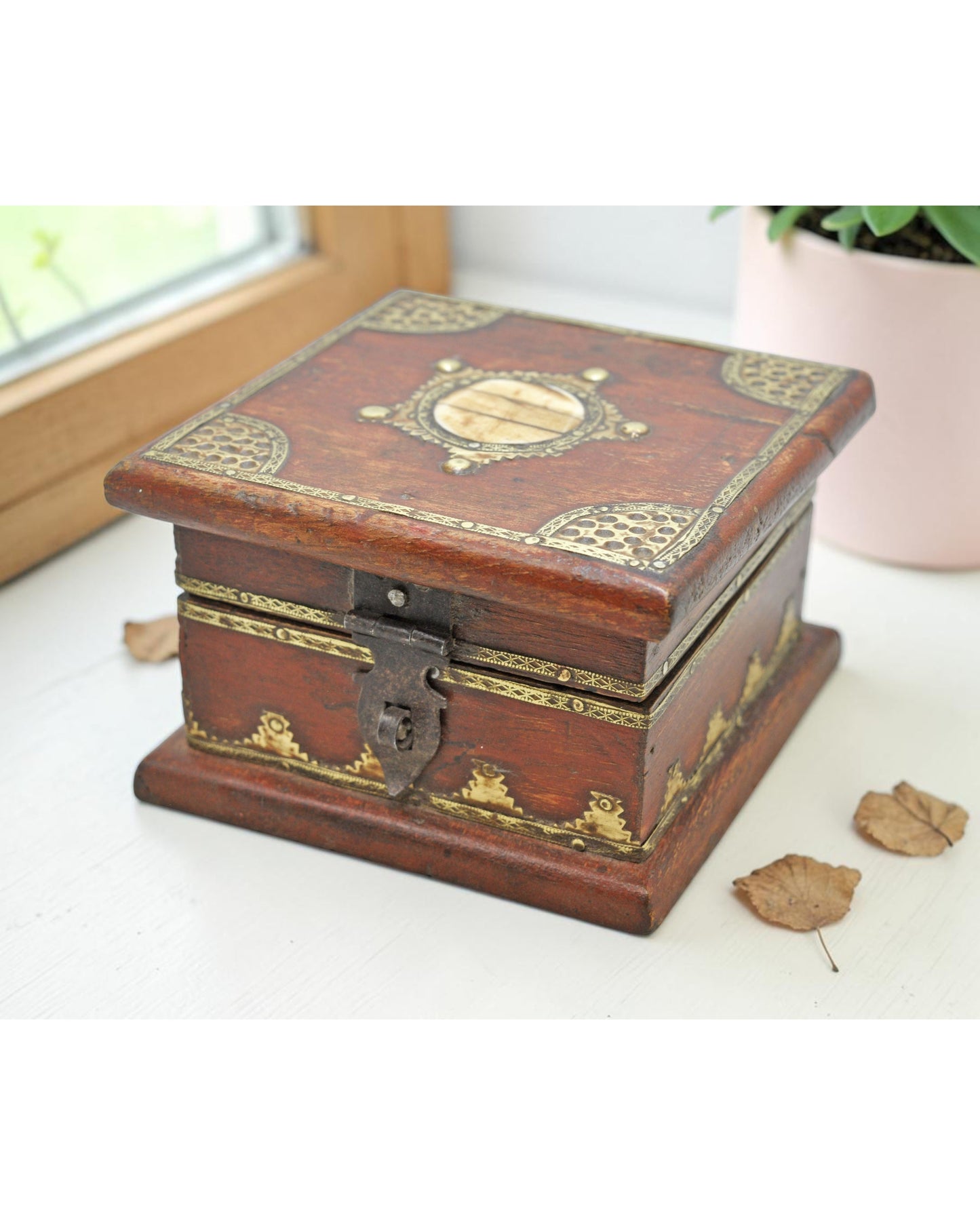 Vintage Wooden Small Square Storage Box Original Old Hand Crafted Brass Fitted