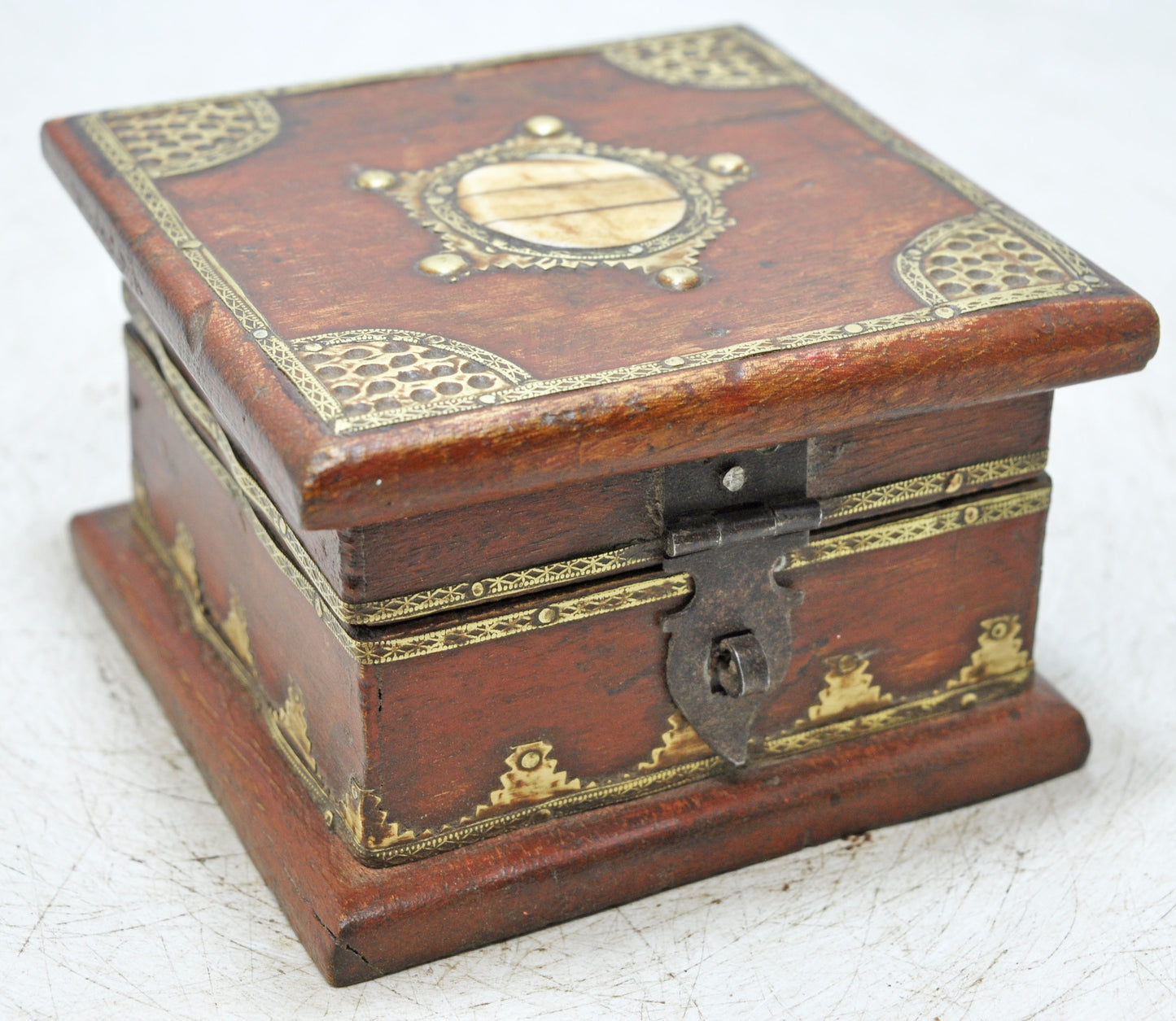 Vintage Wooden Small Square Storage Box Original Old Hand Crafted Brass Fitted