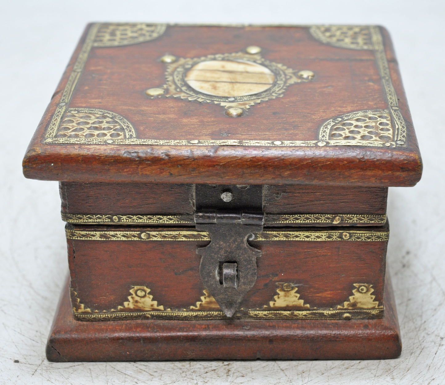 Vintage Wooden Small Square Storage Box Original Old Hand Crafted Brass Fitted