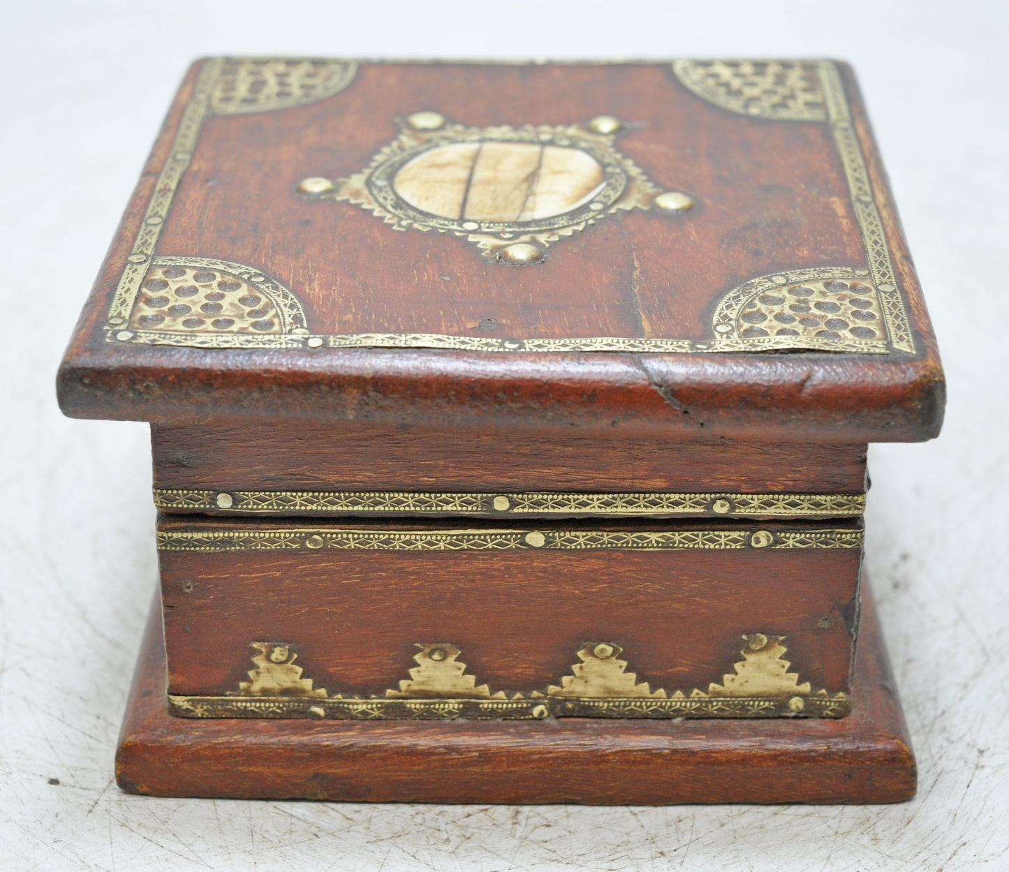 Vintage Wooden Small Square Storage Box Original Old Hand Crafted Brass Fitted