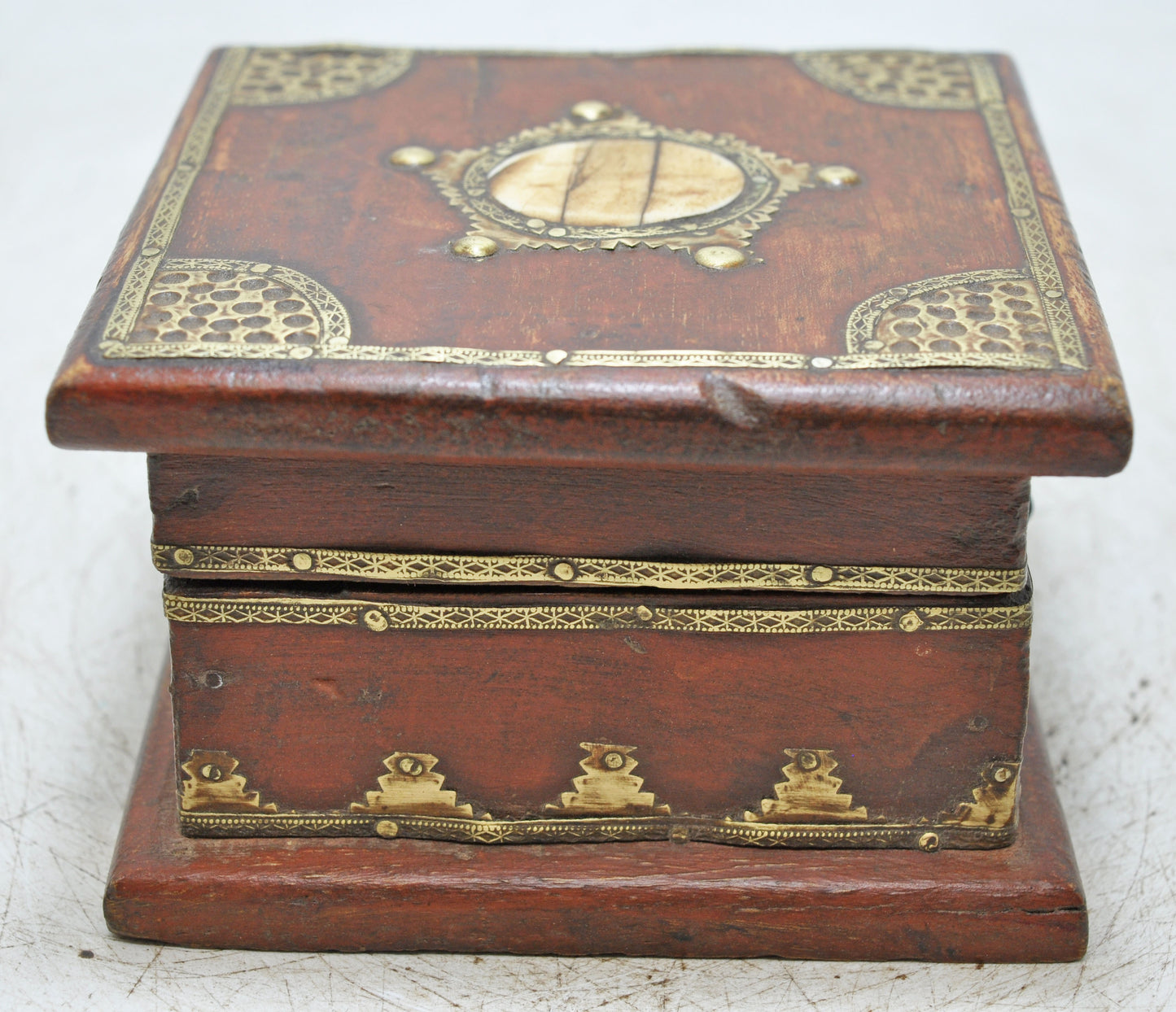 Vintage Wooden Small Square Storage Box Original Old Hand Crafted Brass Fitted