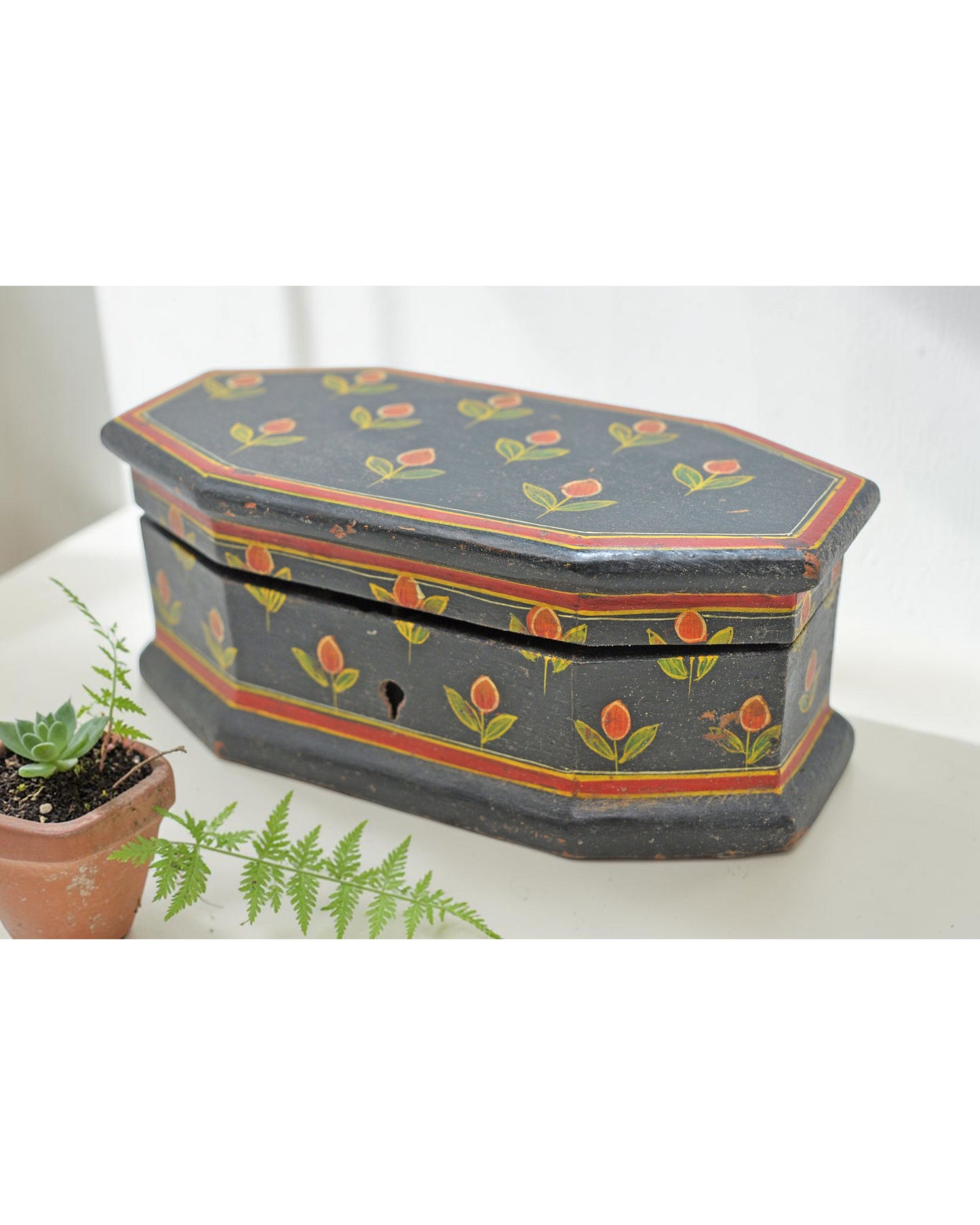 Vintage Wooden Hexagonal Small Storage Box Original Old Hand Crafted Fine Painted