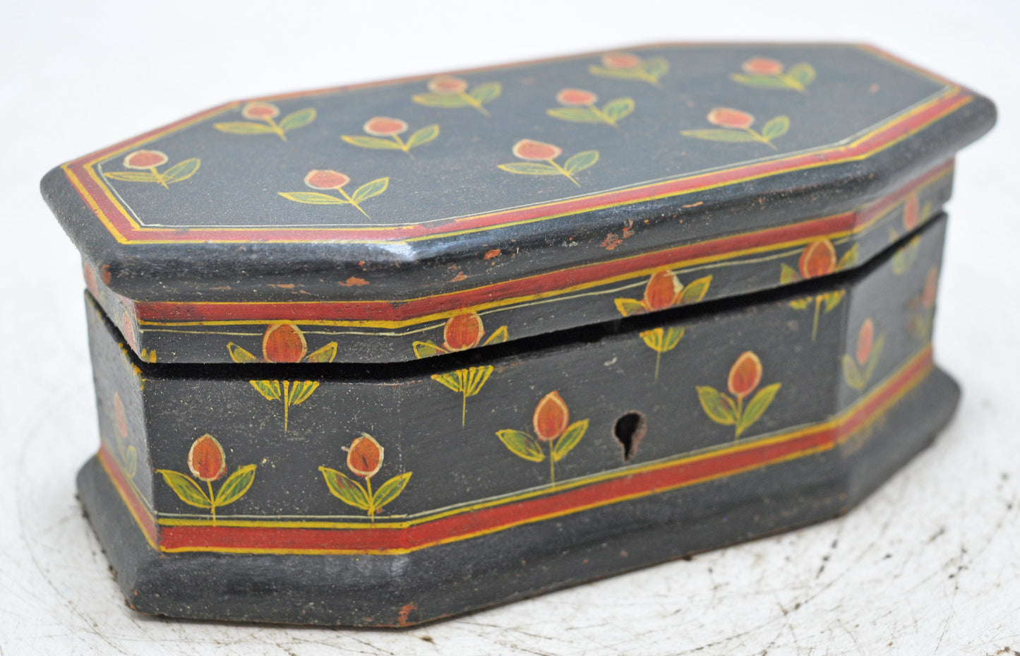 Vintage Wooden Hexagonal Small Storage Box Original Old Hand Crafted Fine Painted