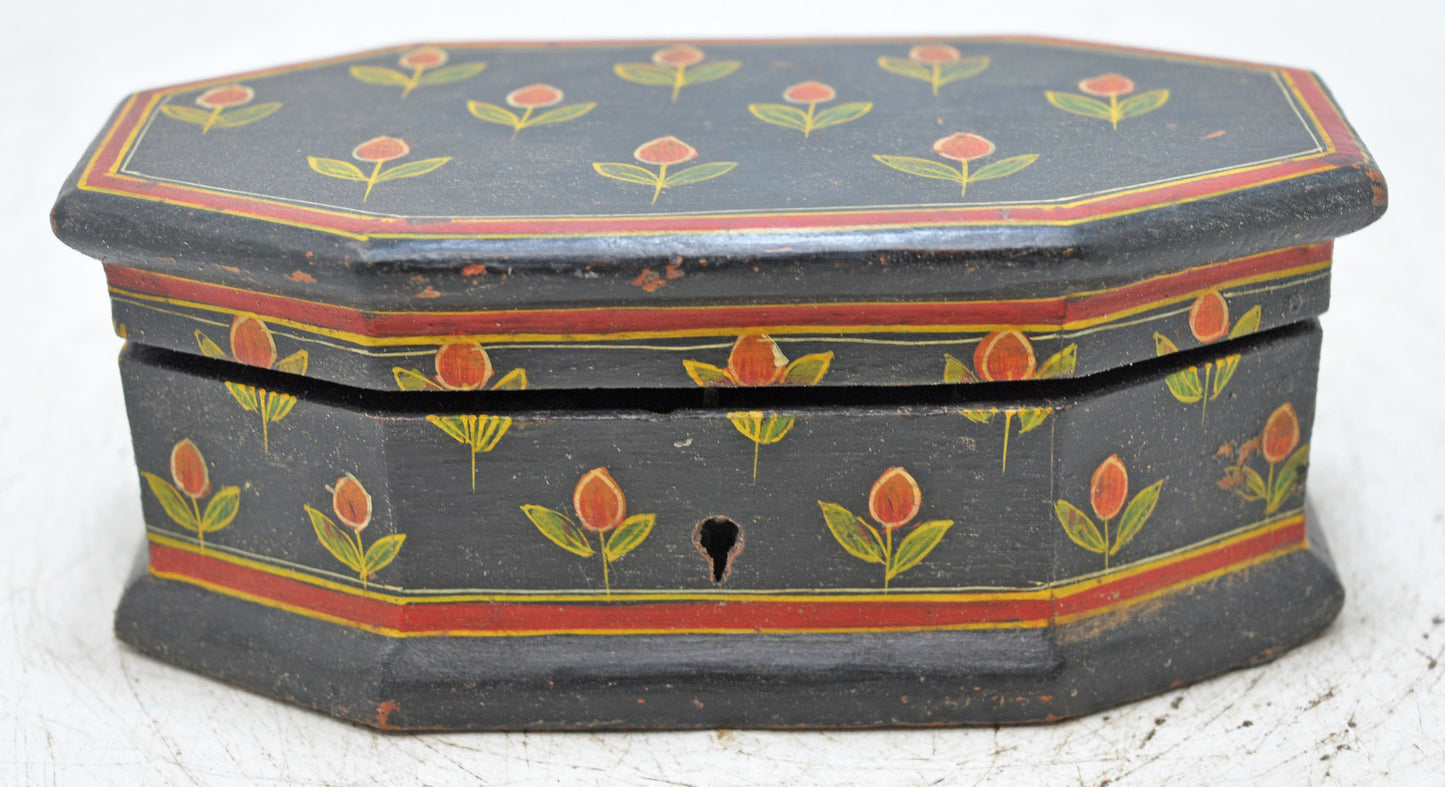Vintage Wooden Hexagonal Small Storage Box Original Old Hand Crafted Fine Painted