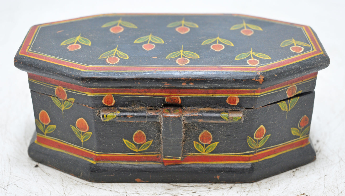 Vintage Wooden Hexagonal Small Storage Box Original Old Hand Crafted Fine Painted