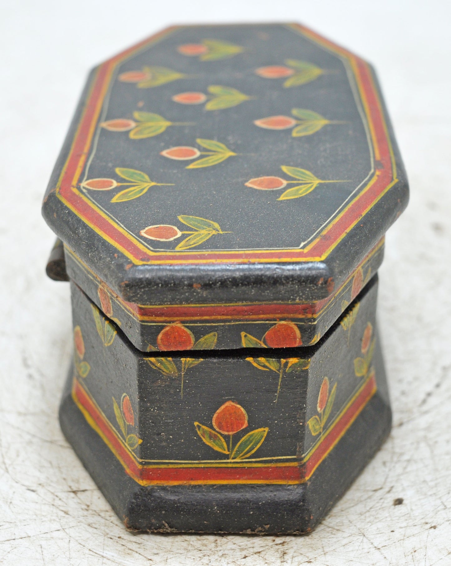 Vintage Wooden Hexagonal Small Storage Box Original Old Hand Crafted Fine Painted