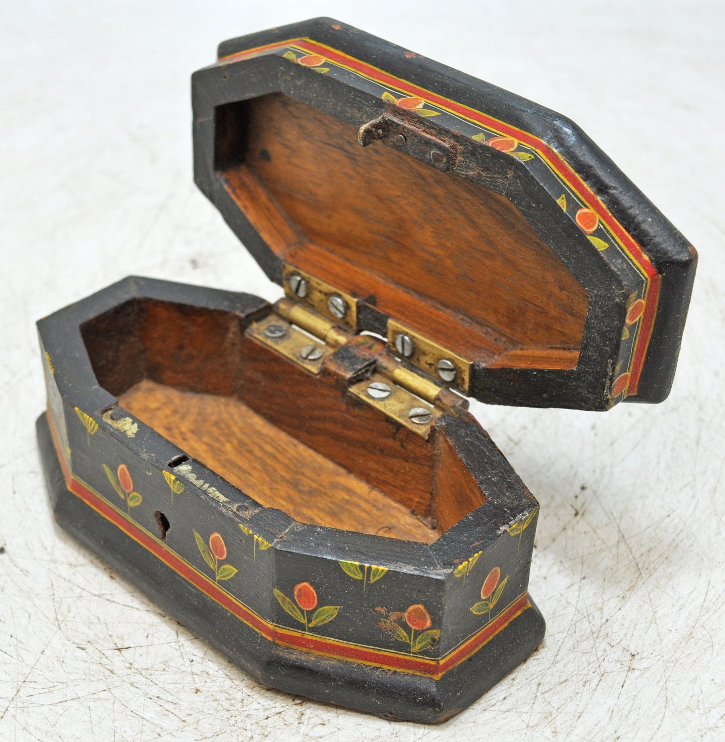 Vintage Wooden Hexagonal Small Storage Box Original Old Hand Crafted Fine Painted
