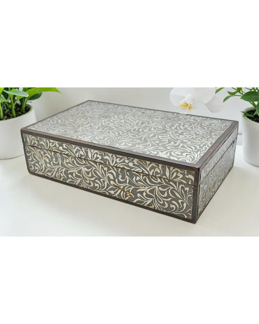 Vintage Wooden White Metal Fitted Storage Box Original Old Hand Crafted