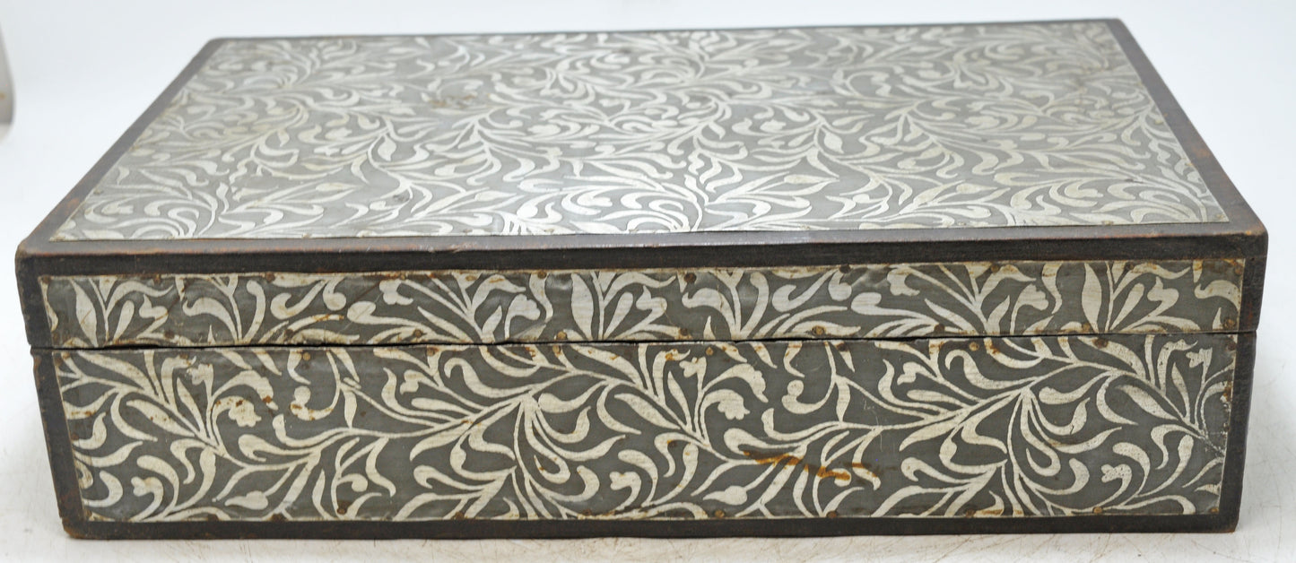 Vintage Wooden White Metal Fitted Storage Box Original Old Hand Crafted