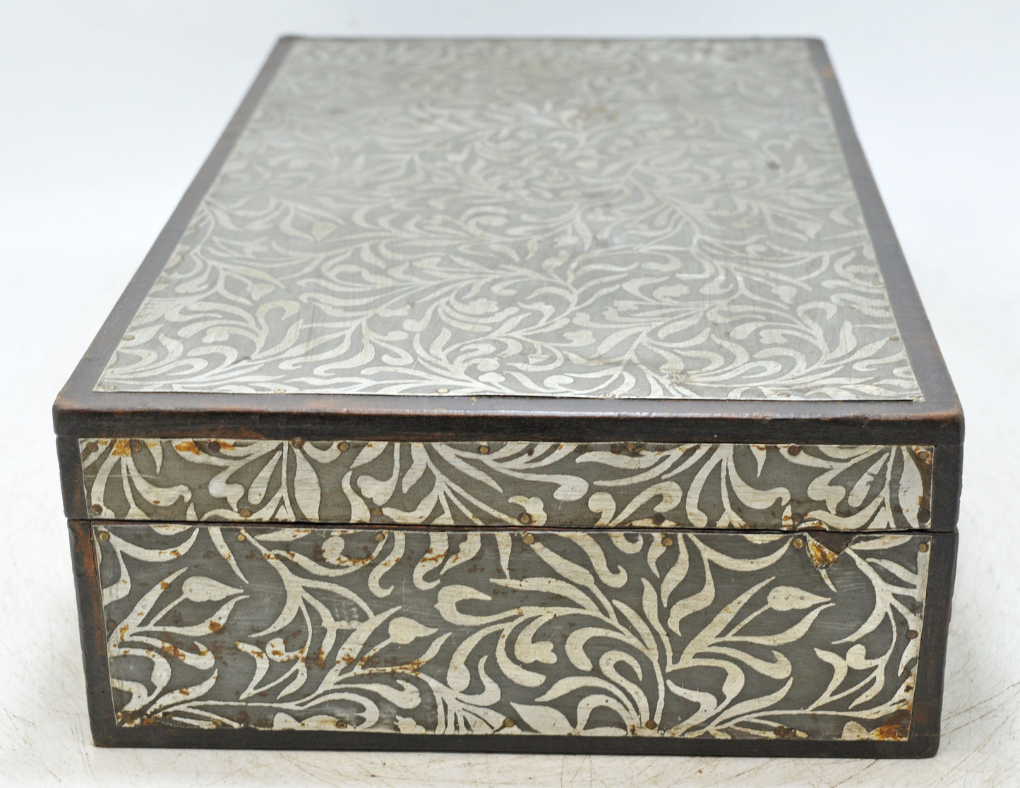 Vintage Wooden White Metal Fitted Storage Box Original Old Hand Crafted
