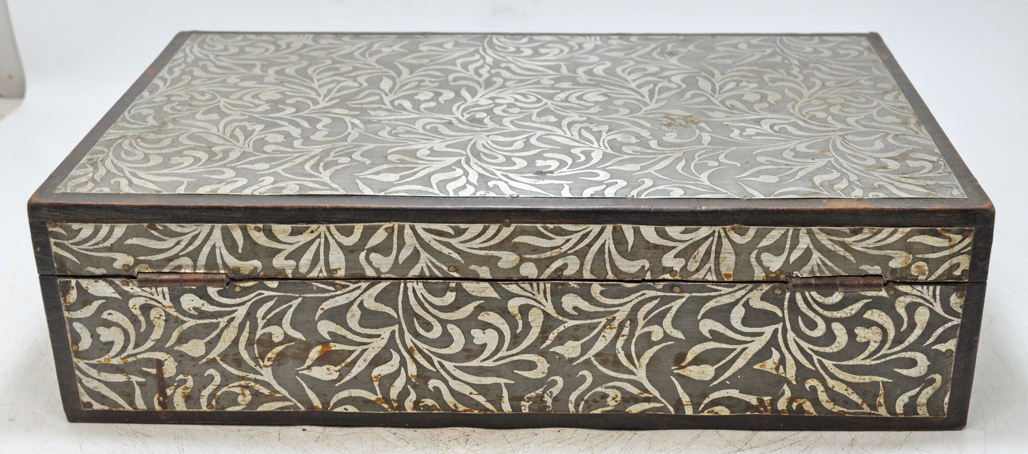 Vintage Wooden White Metal Fitted Storage Box Original Old Hand Crafted