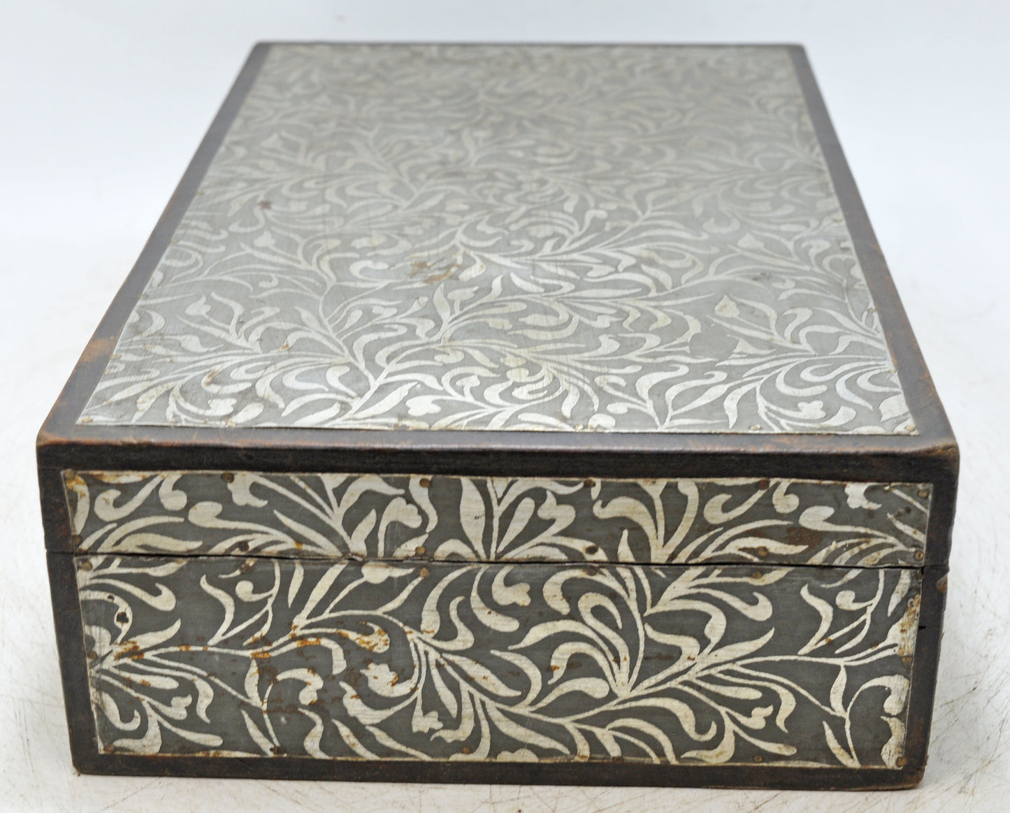 Vintage Wooden White Metal Fitted Storage Box Original Old Hand Crafted