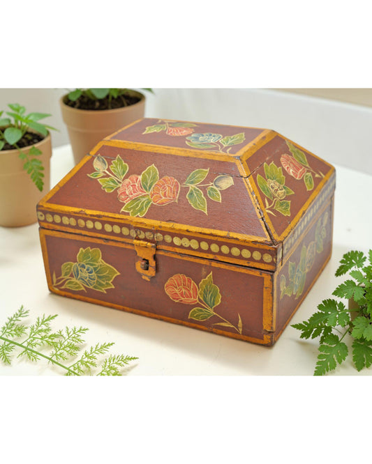 Vintage Wooden Dome Shaped Storage Box Original Old Fine Floral Painted