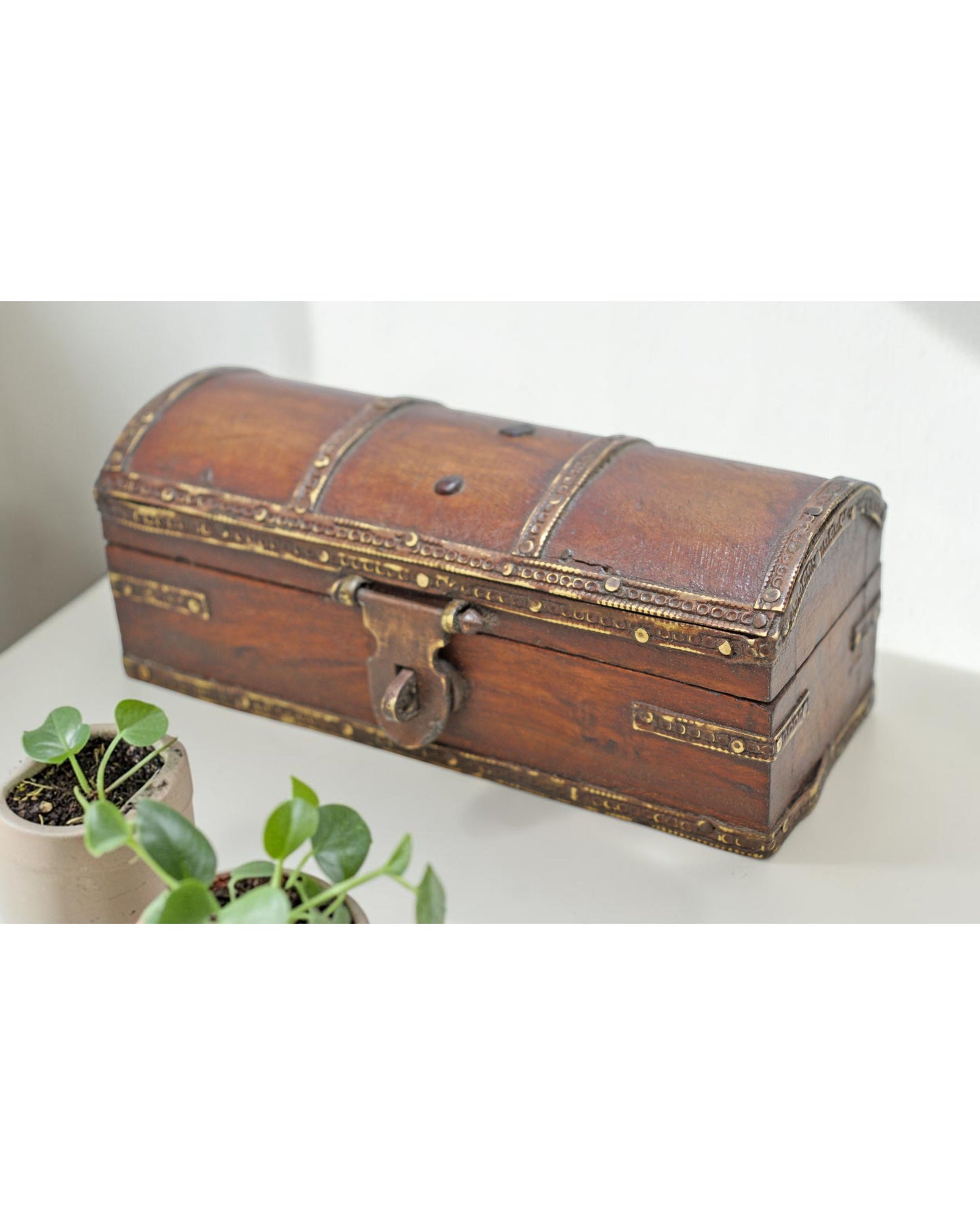Vintage Wooden Half Round Top Jewelery Box Original Old Hand Crafted Brass Fitted