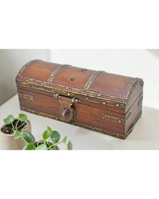 Vintage Wooden Half Round Top Jewelery Box Original Old Hand Crafted Brass Fitted