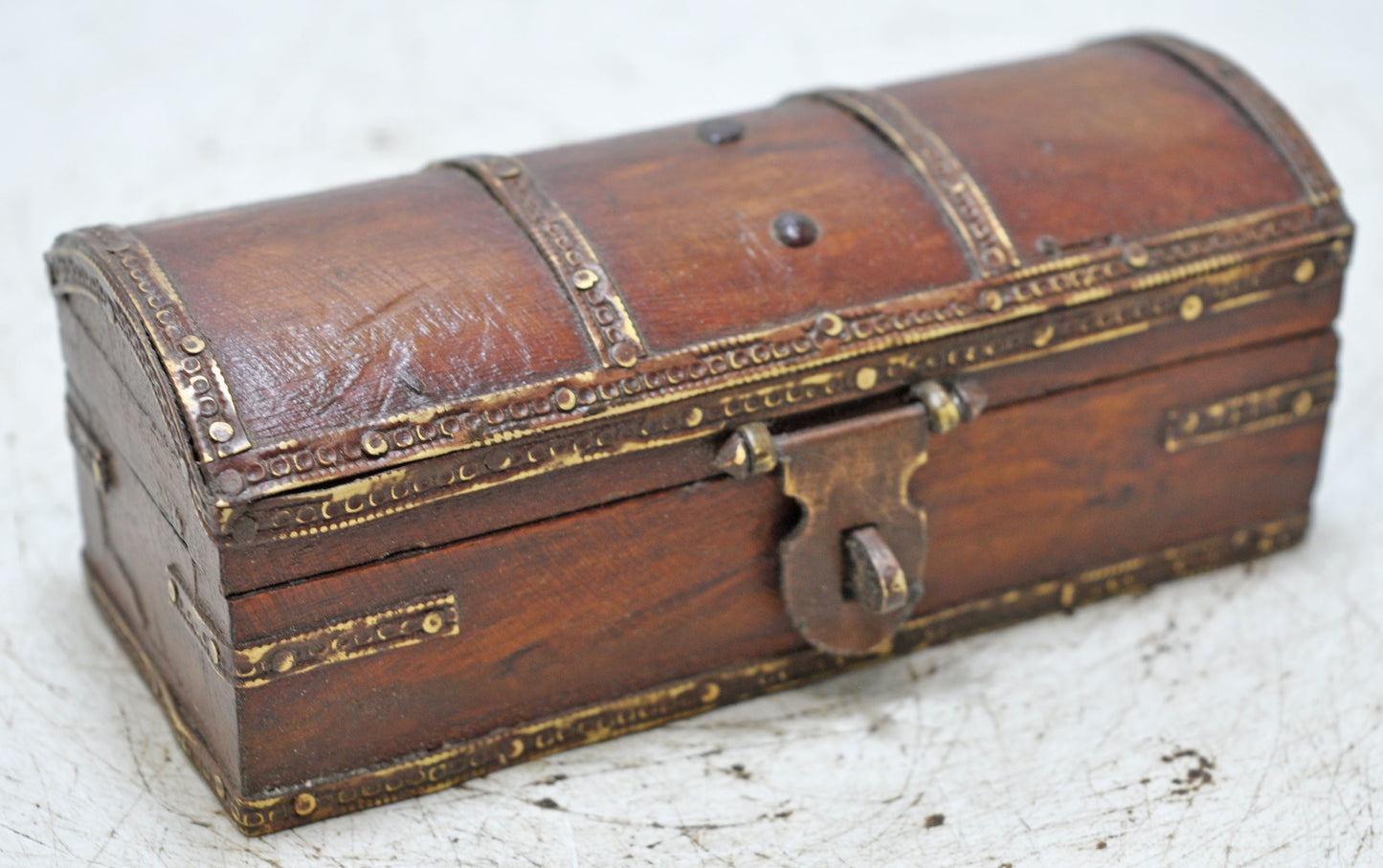Vintage Wooden Half Round Top Jewelery Box Original Old Hand Crafted Brass Fitted