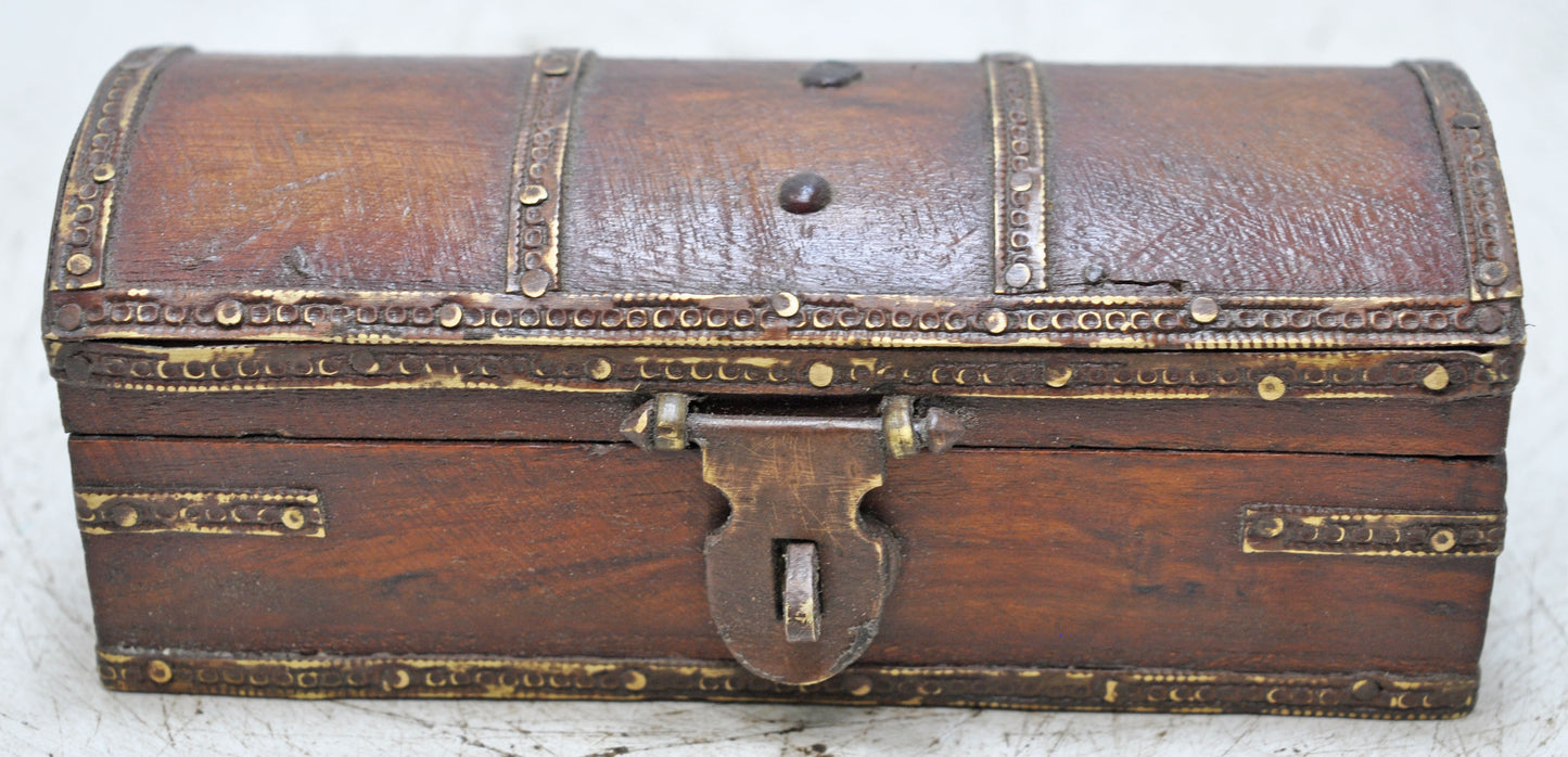 Vintage Wooden Half Round Top Jewelery Box Original Old Hand Crafted Brass Fitted