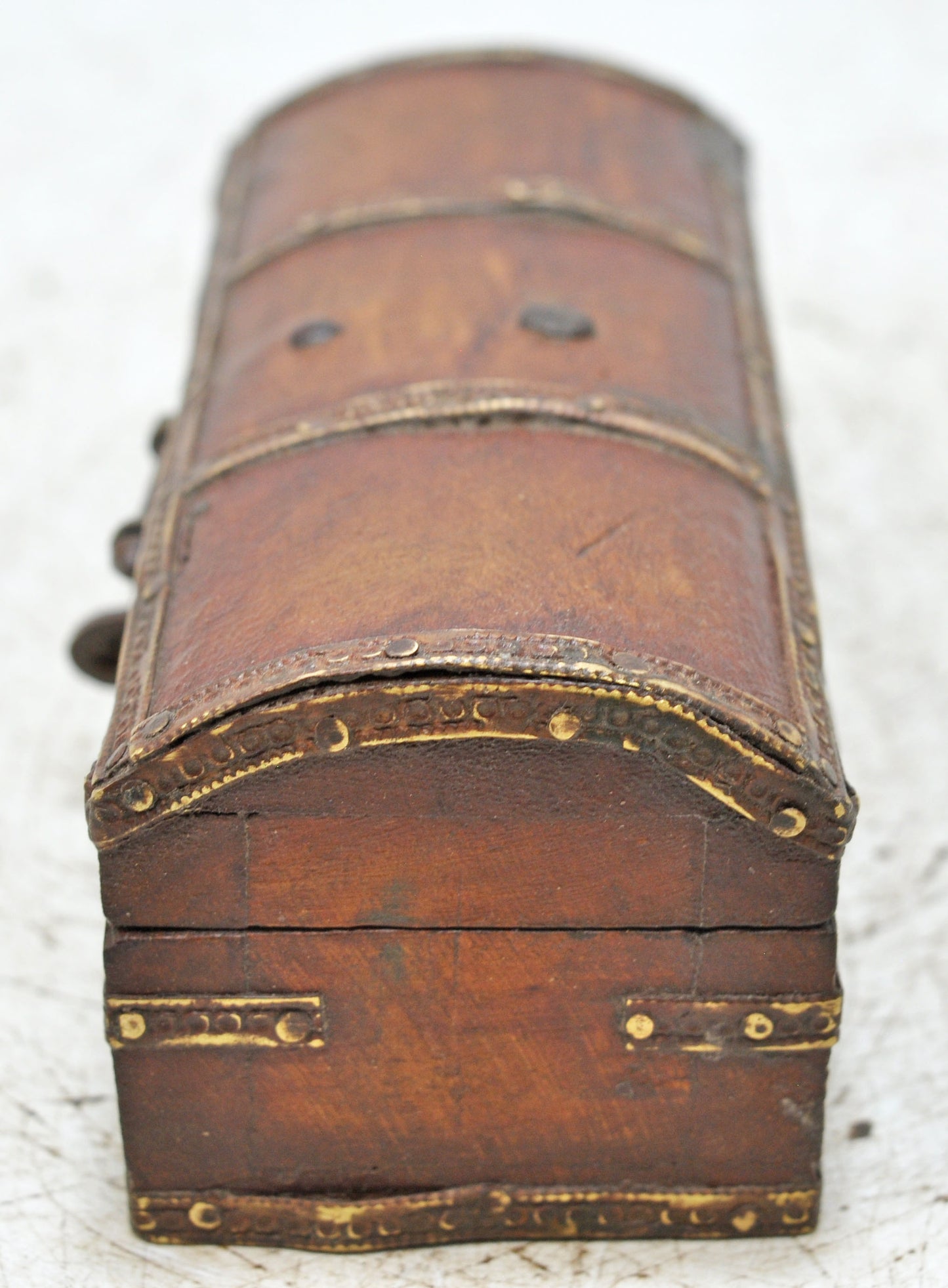 Vintage Wooden Half Round Top Jewelery Box Original Old Hand Crafted Brass Fitted