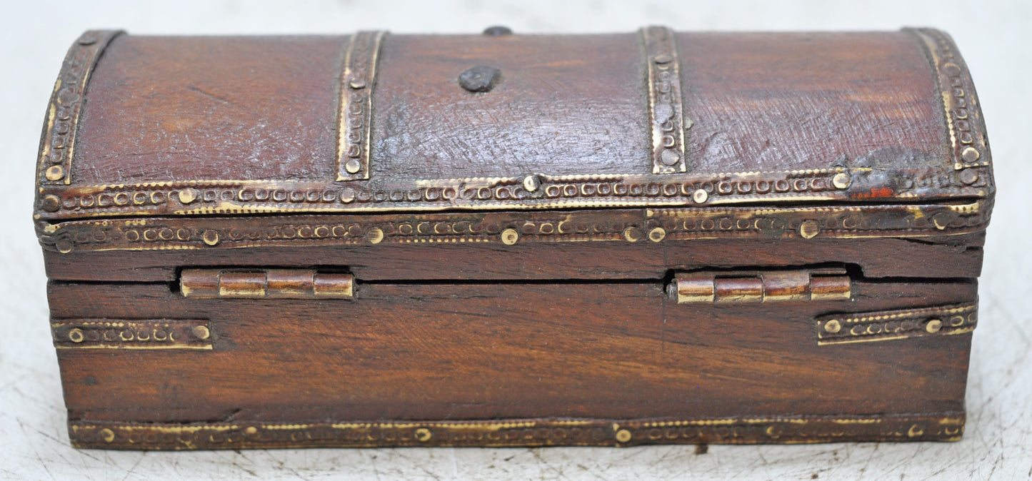 Vintage Wooden Half Round Top Jewelery Box Original Old Hand Crafted Brass Fitted