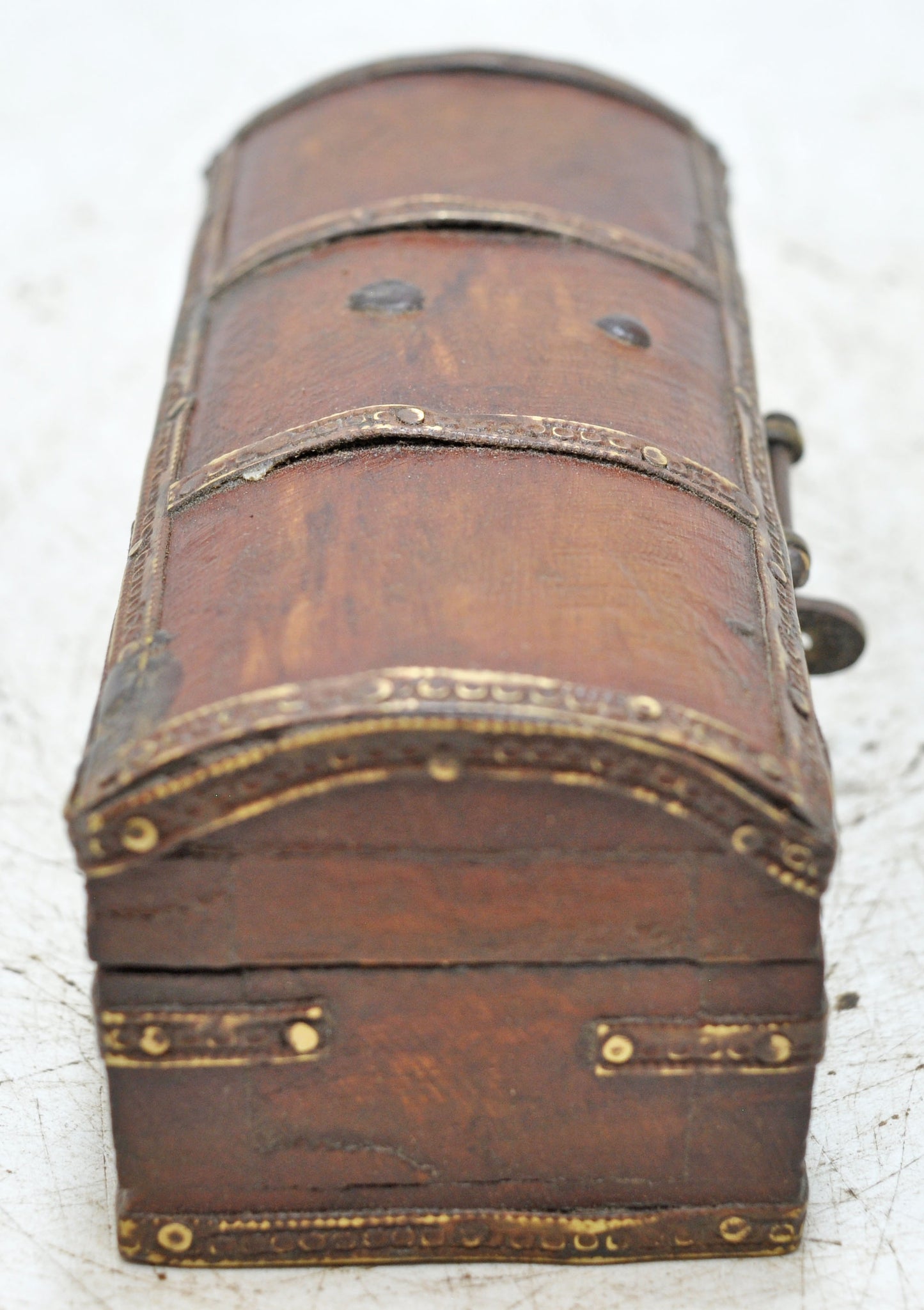 Vintage Wooden Half Round Top Jewelery Box Original Old Hand Crafted Brass Fitted