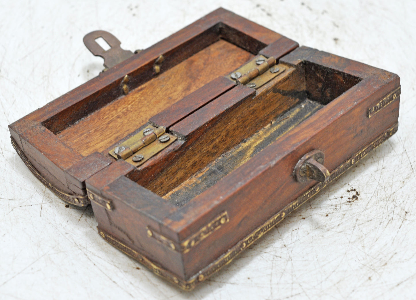 Vintage Wooden Half Round Top Jewelery Box Original Old Hand Crafted Brass Fitted